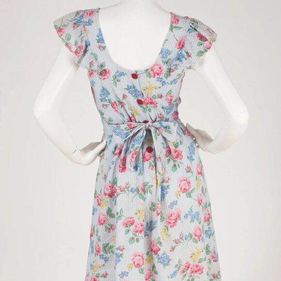 1940s Vintage Ruffle Floral Blue Cotton Apron Pinafore House Dress Sz S - Picture 5 of 6